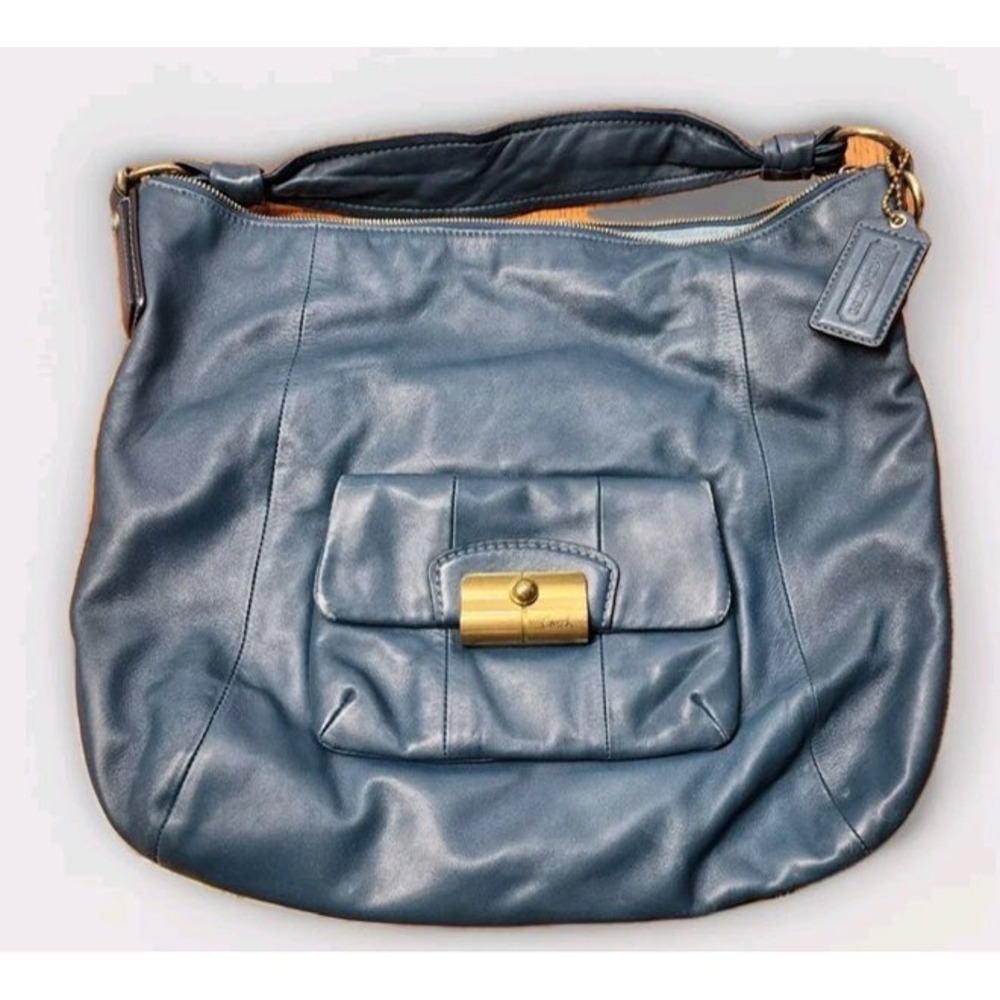 Coach Blue Leather Hobo Bag Turnlock Front Pocket 14769 Brass Hardware